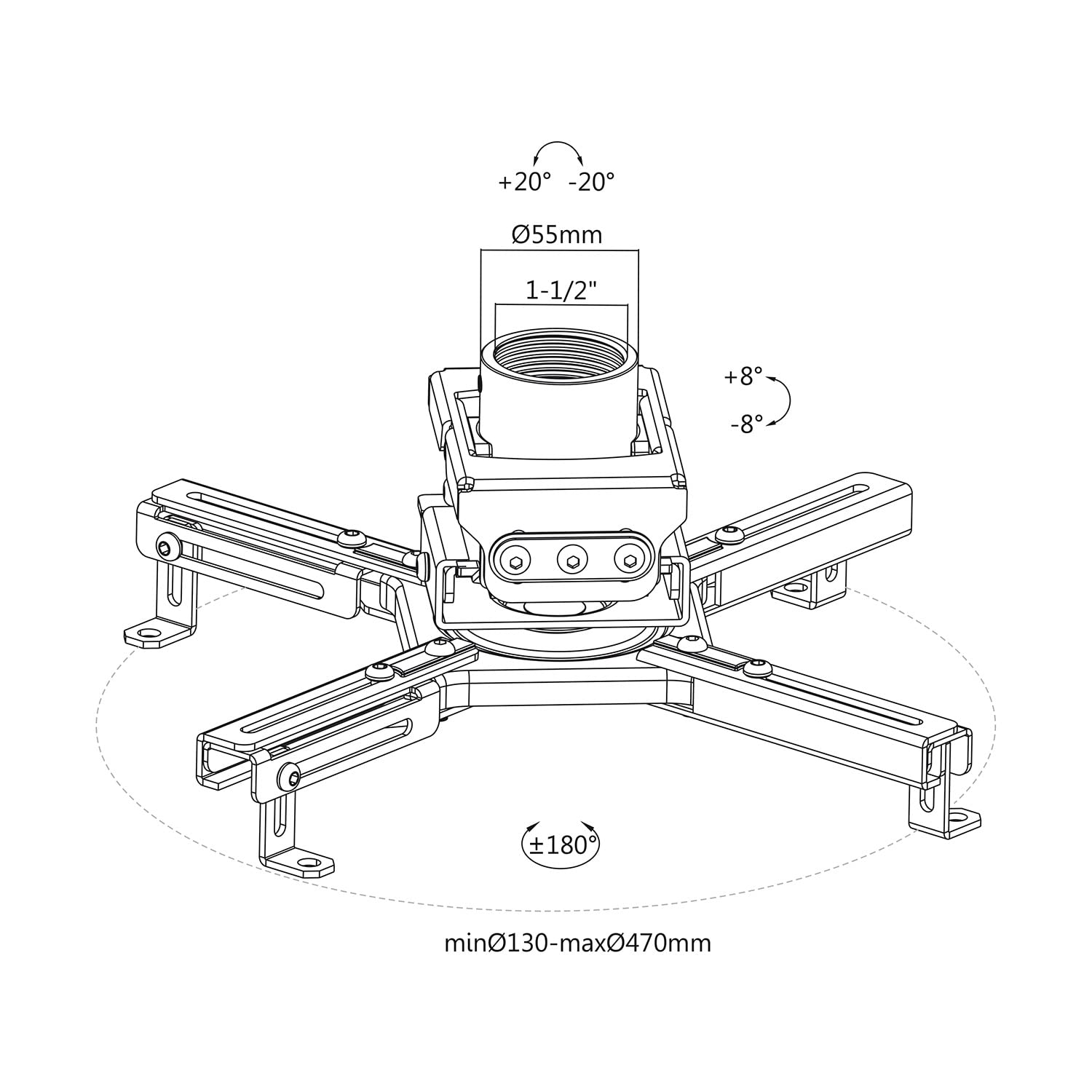 Maclean MC-913 Staffa universale per proiettore a soffitto regolabile in acciaio Inclinabile e Ruotabile 35kg