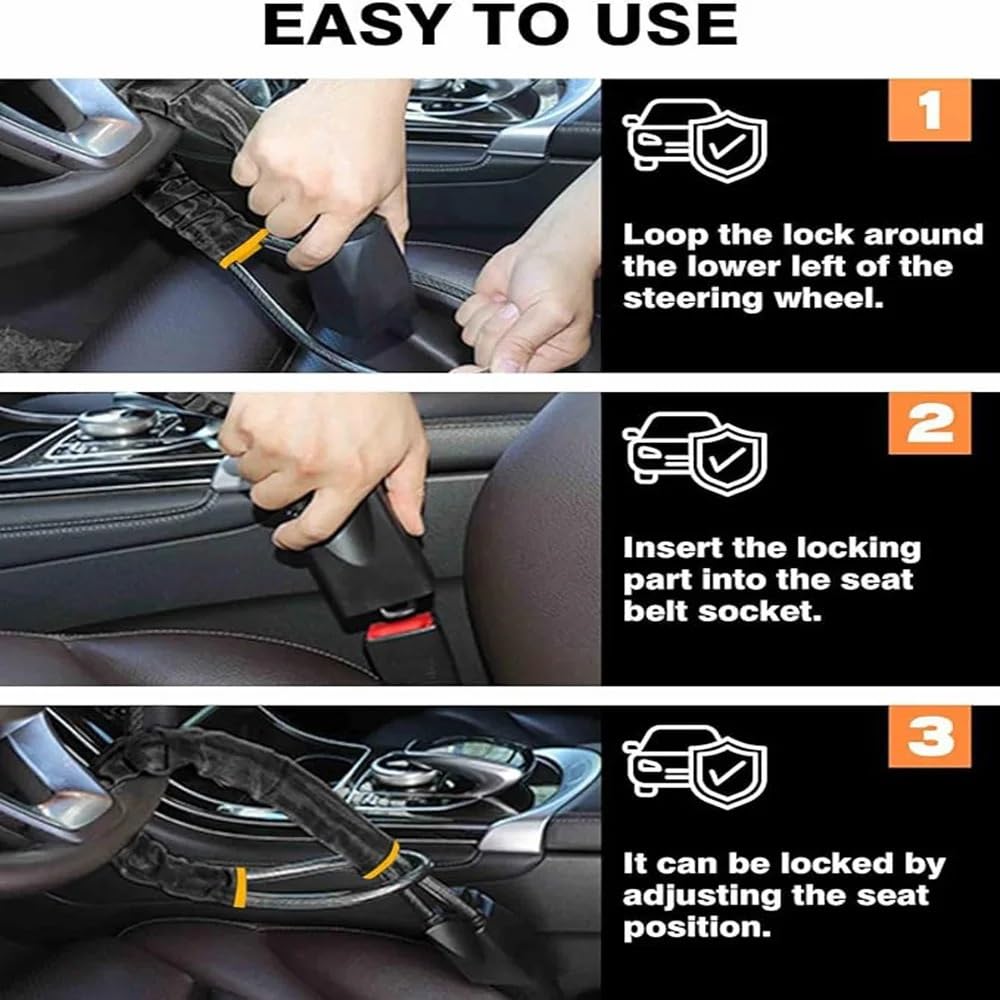 Antirrobo Coche Bloqueo de Cable reforzado para volante coche, dispositivo protección antirrobo con toma para cinturón seguridad, para camión, SUV, furgoneta, RV
