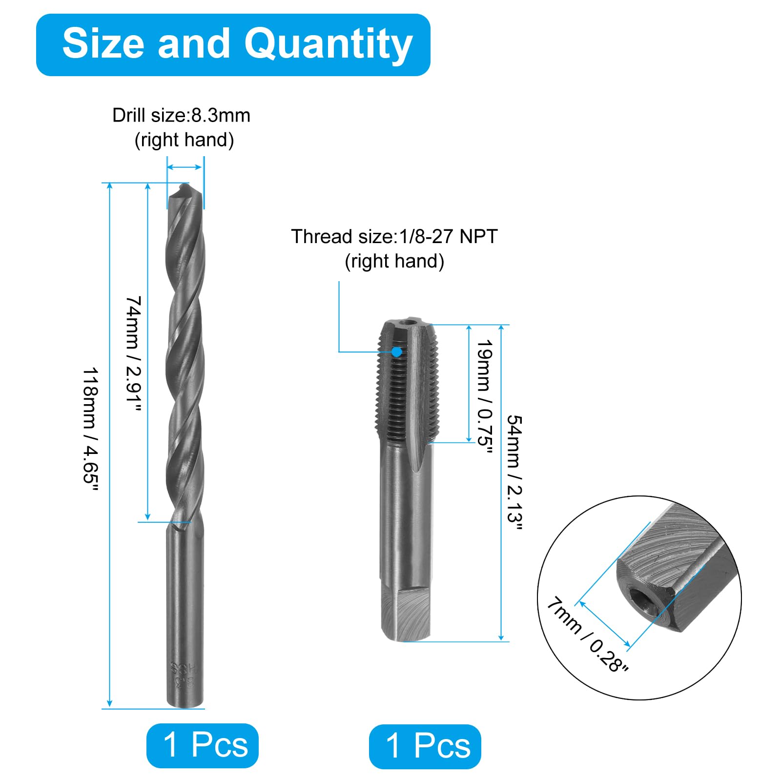 Set di Maschi e Punte da Trapano, 1 Maschio per Filettatura a scanalatura Dritta da 1/8-27 NPT e 1 Punta elicoidale da 8,3 mm, Kit di Utensili per Filettatura e maschiatura in ossido Nero HSS-6542