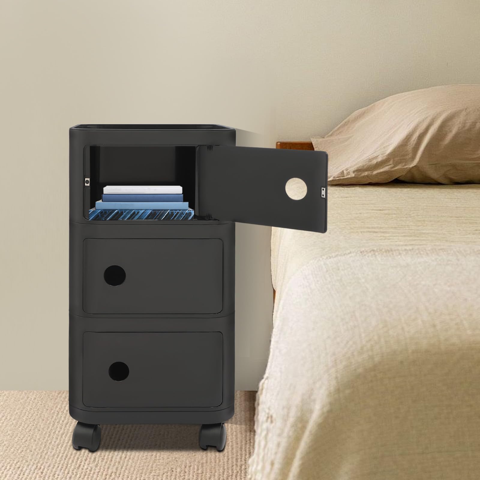 Mesita de noche con 3 cajones, mesita de noche con una plataforma superior y tres compartimentos, mesa auxiliar móvil con puertas, para dormitorio, sala de estar, estudio (negro)