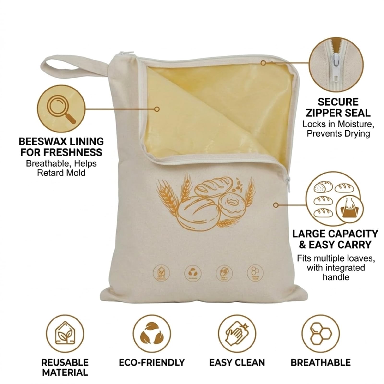 Sacchetto per Pane in Cera d‘Api, Sacchetti Riutilizzabili per Conservazione con Cerniera e Manico, Cotone Naturale per Pane Fatto in Casa e Lievito Madre (2 Pezzi, 33x43cm)