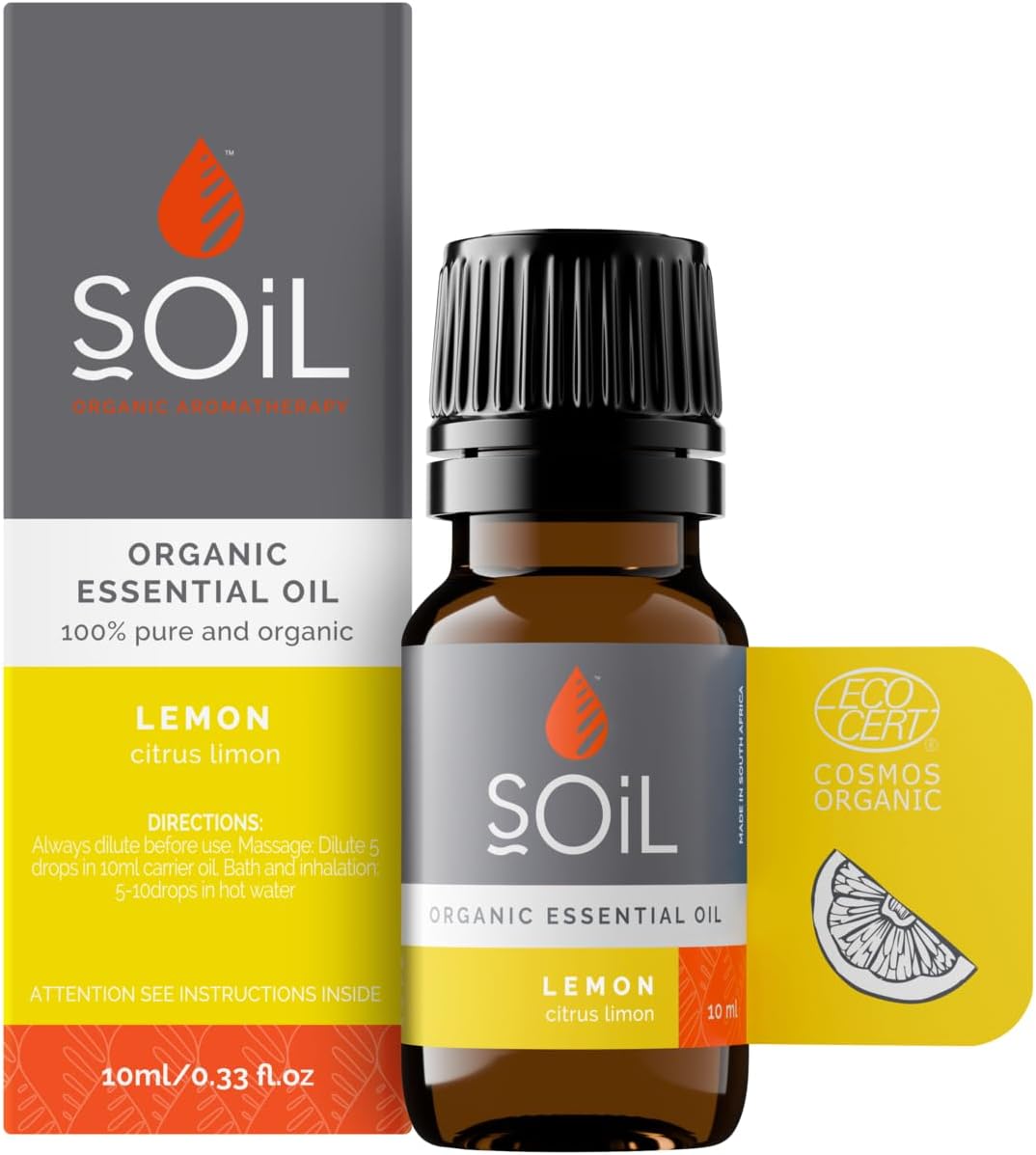 SOiL Organic Lemon Essential Oil (Citrus Limonium) - 100% Pure and Natural - Certified Organic - Single Ingredient - Vegan - Non GMO - 10ml