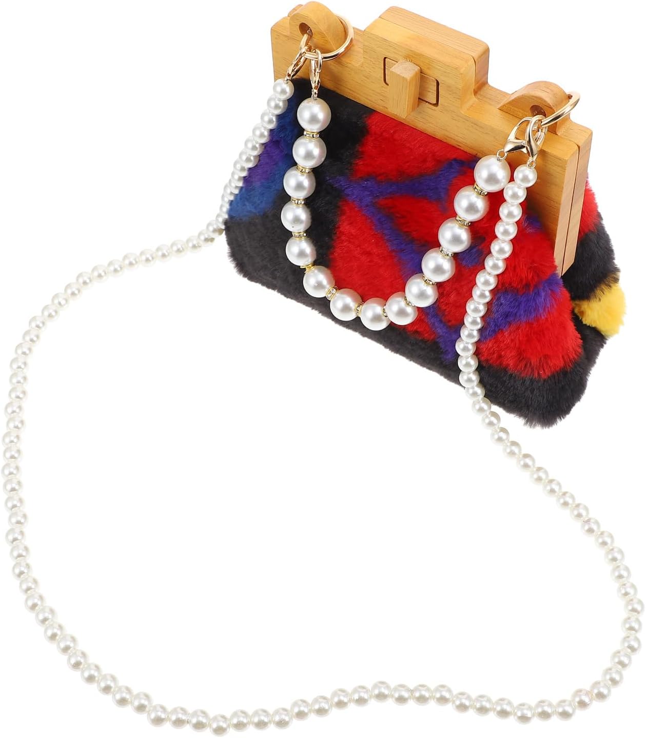 Hemoton Plush Beaded Chain Crossbody Bag Soft Messenger Handbag for Women Casual Shoulder Bag with Wooden Clip Random Color