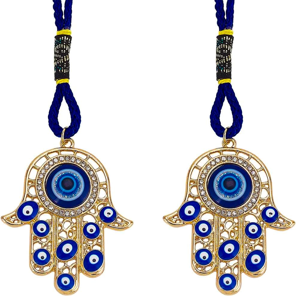 2pcs Hamsa Hand Car Pendant Hanging Hand of Miriam with Evil Eye Hanging Decorations Ornament Pendant Amulet Blue Protection Alloy Enamel Accessories Gift for Car Rear View Mirror Balcony