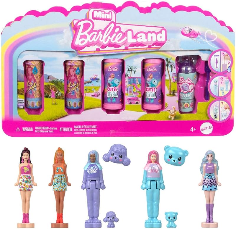 Mini Barbie Land Paquete de 5 muñecas Pop Reveal, mini muñeca de 1,5 pulgadas con revelación sorpresa y pieza de juego sensorial (los estilos pueden variar)