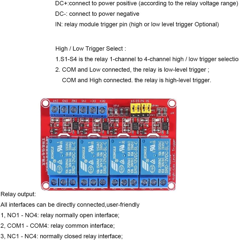Gebildet DC 12V 4 Channel Relay Module Board Shield Support High or Low Level Compatible Development Board Trigger with Optocoupler Isolation