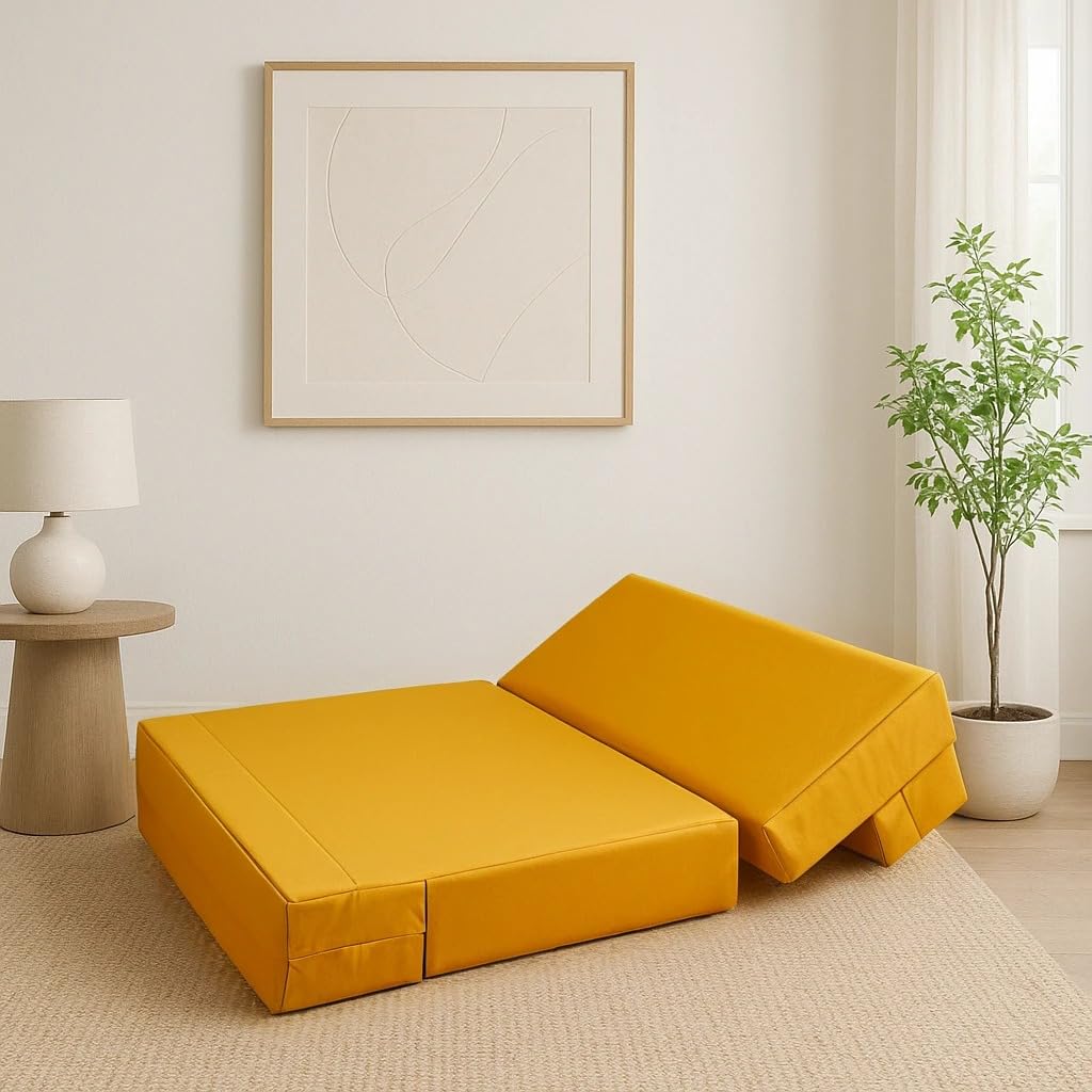 PUM PUM Foldable PU Foam Sofa Cum Bed | 2 Seater Convertible Sofa | 36 Inch Width | Space Saving Sofa for Living Room, Bedroom & Guest Room,Yellow 1