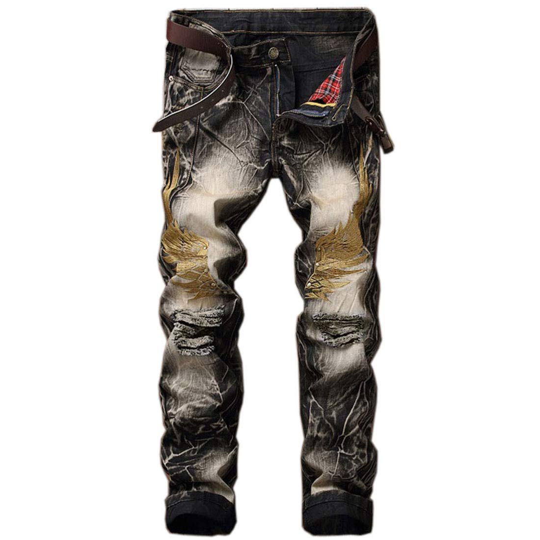 utcocoMen's Ripped Distressed Jeans Slim Fit Mid Waisted Straight Leg Destroyed Holes Gradient Color Biker Denim Pants