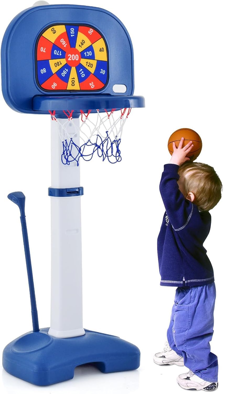 GOPLUS Canasta de Baloncesto para Niños 4 en 1, Centro de Actividades Deportivas con Baloncesto, Juego de Diana, Golf, Lanzamiento de Aros, Altura Ajustable, para Niños de 3+ Años