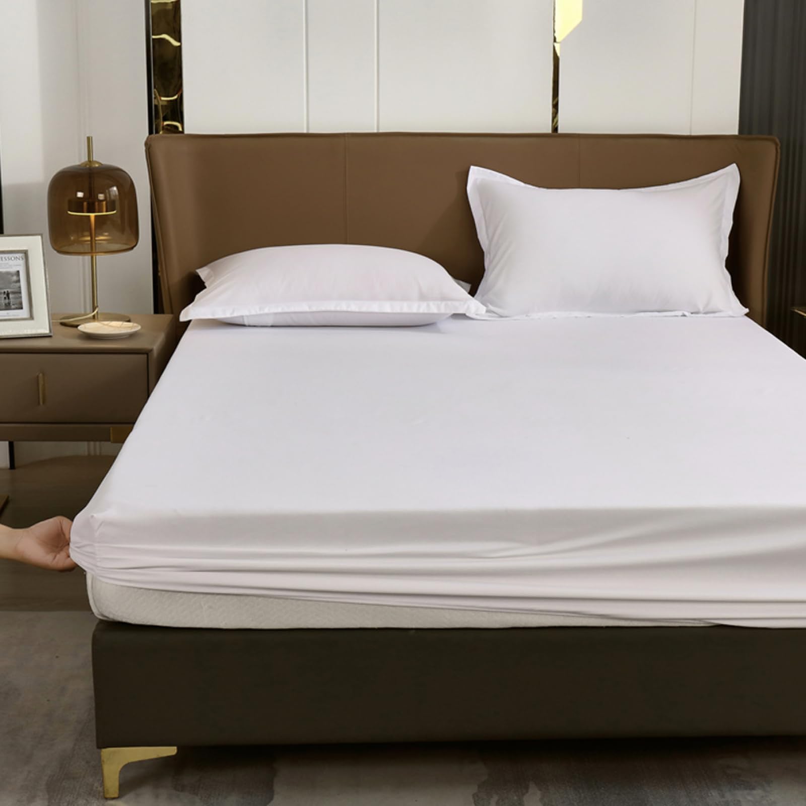 Zestaw bardzo głębokich prześcieradeł 150 x 200 cm + 10 cm z elastyczną taśmą, wodoodporny ochraniacz na materac i poszewka na poduszkę, idealne do łóżek kontynentalnych i wodnych, najwyższy komfort