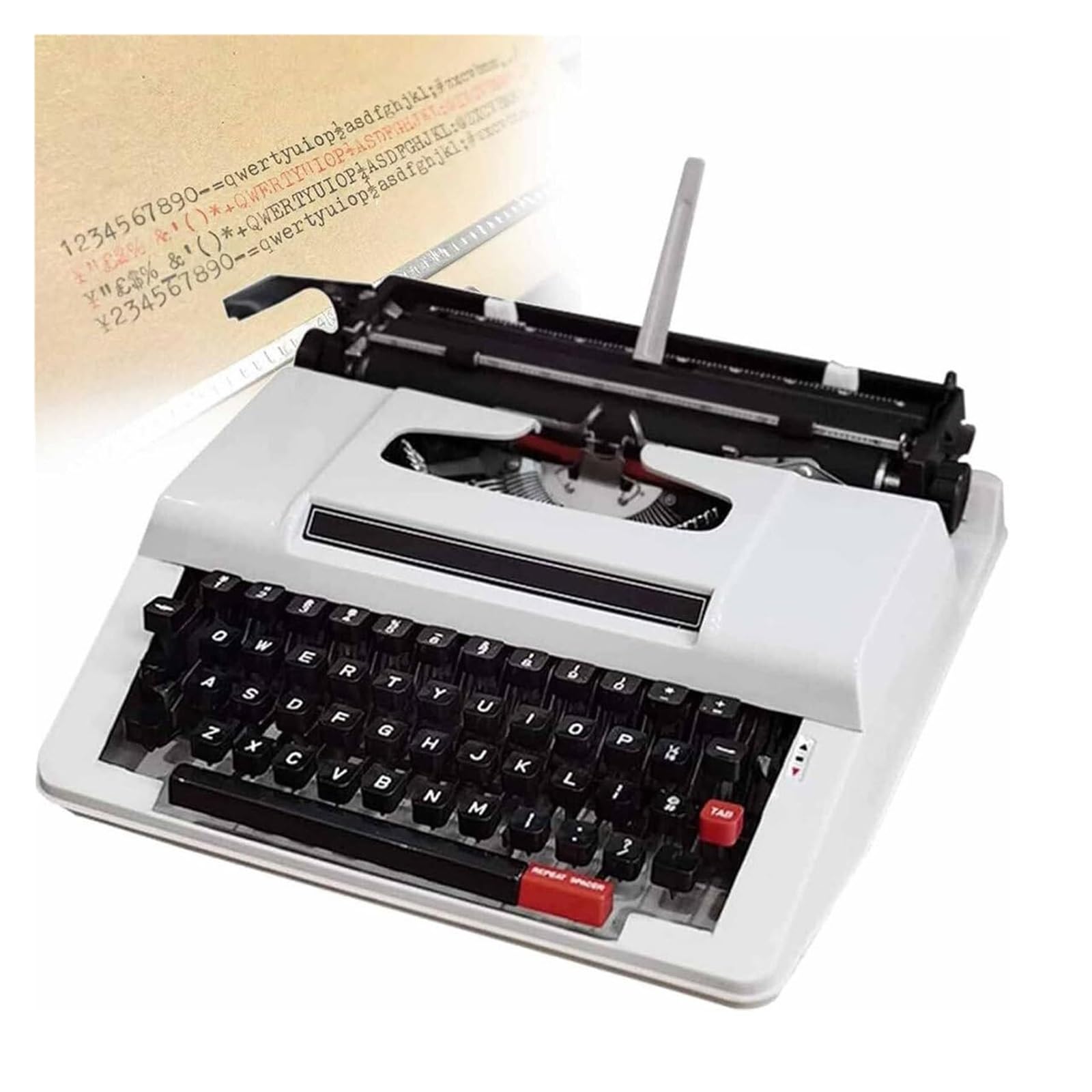 Retro-Vintage-Schreibmaschine, traditionelle, altmodische mechanische englische Schreibmaschine, 1980 klassische Nostalgie, tragbare manuelle Retro-Schreibmaschine, Weiß