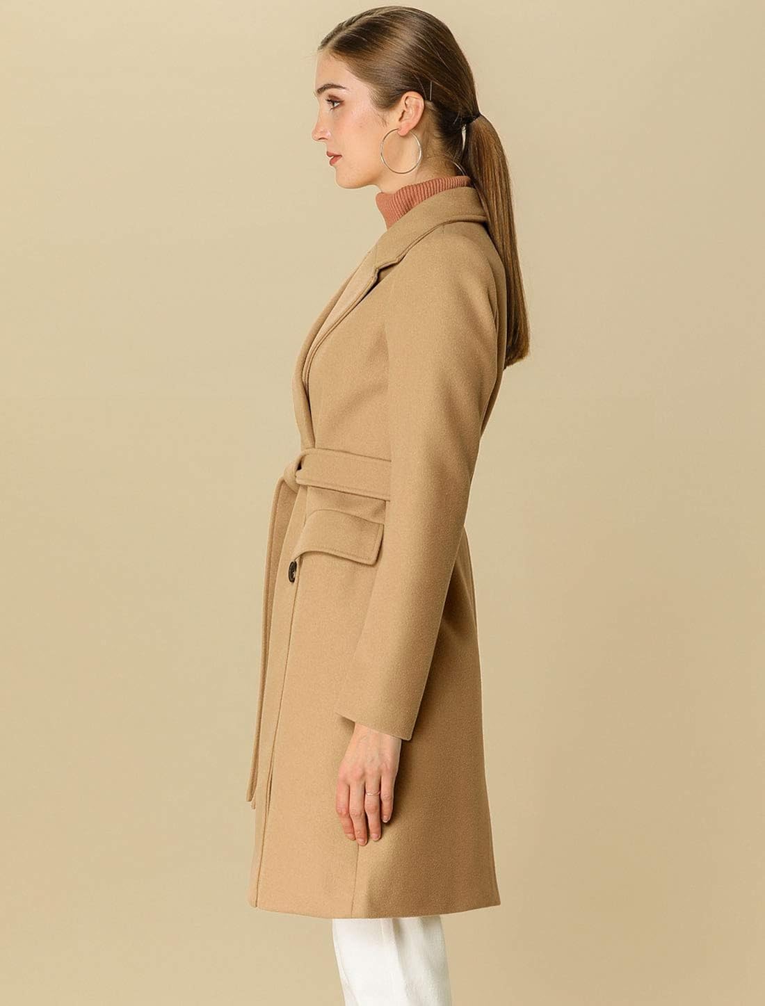 Allegra K Women's Notch Lapel Double Breasted Belted Mid Long Outwear Winter Coat : Clothing, Shoes & Jewelry