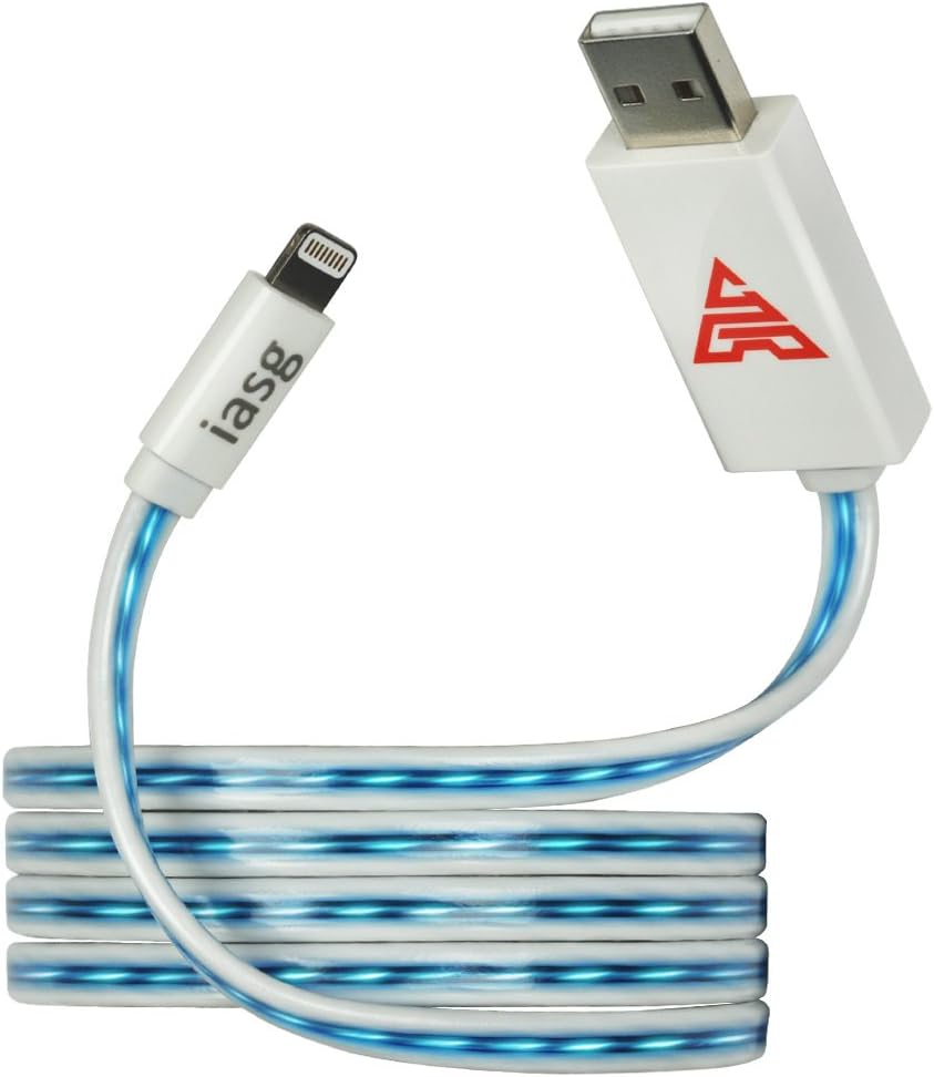 [MFi Certified] iasg 3.3feet/1meter Visible Blue Flowing LED Light up charging cable Lightning to USB Cable Flat 8-Pin Data Sync Cable for iPhone iPad iPod (Blue Light)