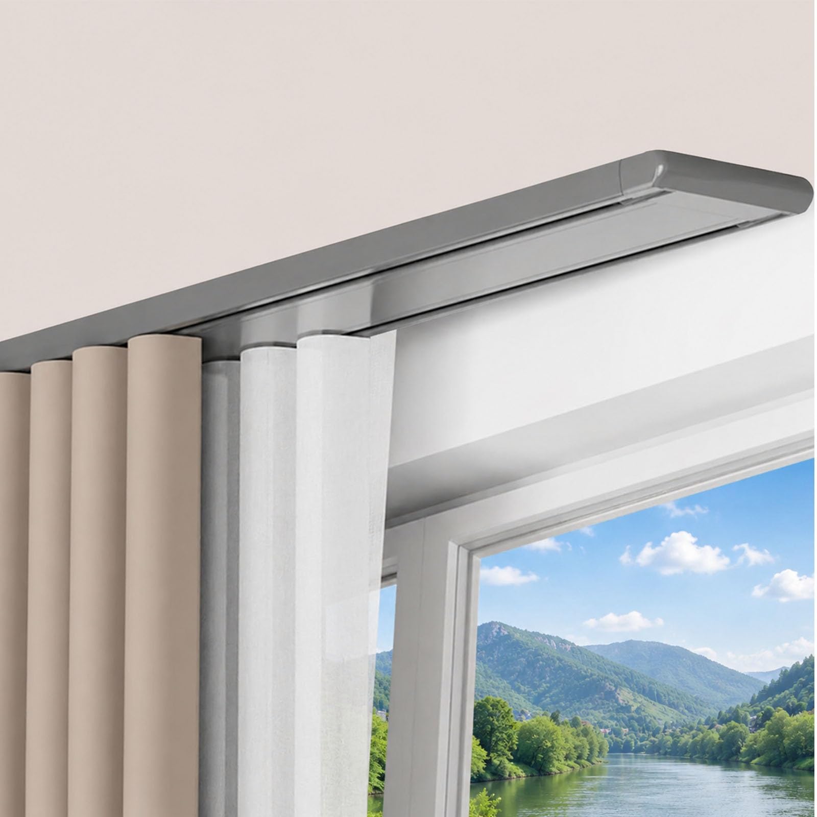 Ceiling Curtain Track Set Double Tracks Curtain Rails Heavy Duty Double Curtain Track Ceiling Mount Slim Aluminum Drapery Rail System with Seamless Connector Splice(Gray,1.2m(3.9ft))