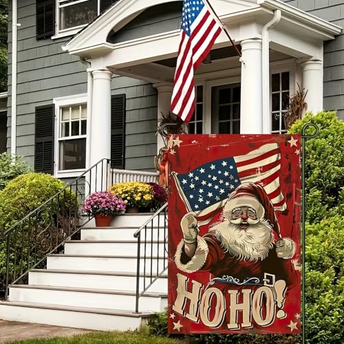 Image of Blissyard Patriotic Christmas Santa Claus Garden Flag 12 x 18 Inch Double Sided America Flag Winter Outdoor Holiday Ho Ho Ho Merry Christmas Banner USA Seasonal Yard Decorative Flag