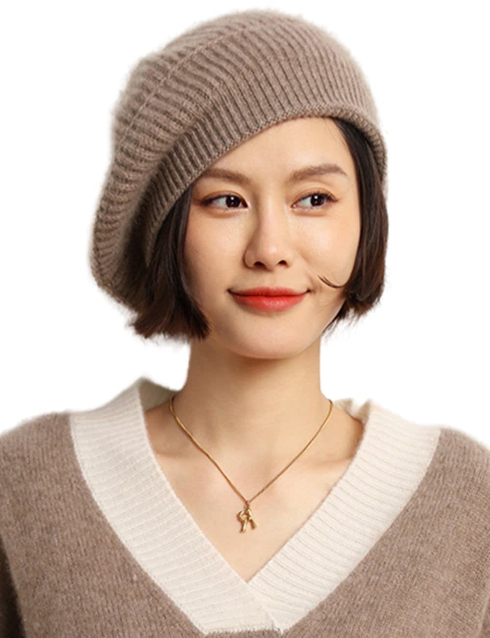 AilaileCashmere Berets Hats Women Winter Warm Merino Wool Knitted Oversized Beige Beanie