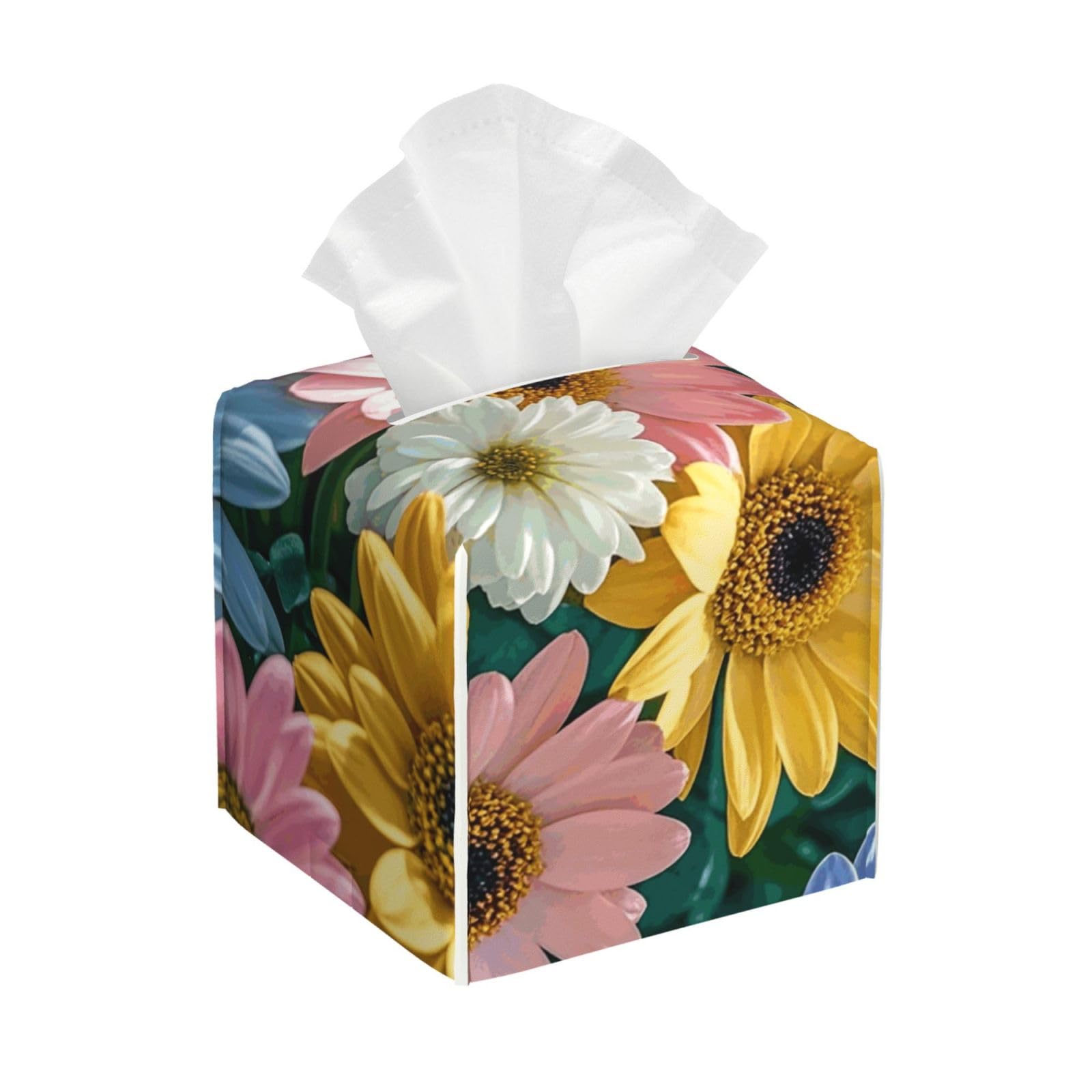 Pu Leather Cube Tissue Box Holders Modern Waterproof Square Tissue Box Cover Flowers As Background Facial Paper Holder for Bathroom Kitchen Nightstand Office Home Decor