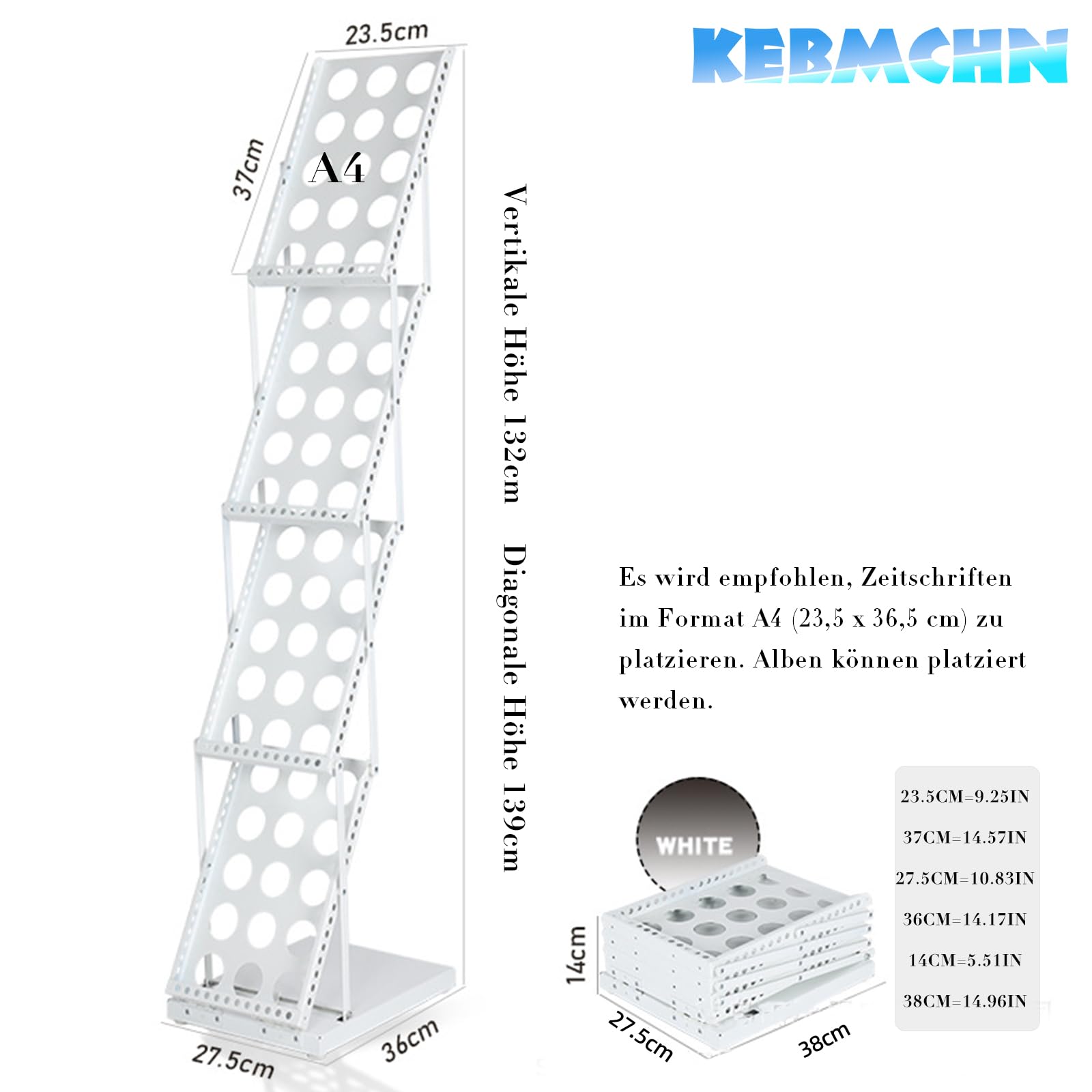 A4 Broschüre Magazin Katalog Literatur Display, Katalogständer Tragbar aus Metall, Schwarz, Inkl Lochdesign mit Tasche, faltbare Magazinhalter Prospektständer Flyerständer(Weiß)