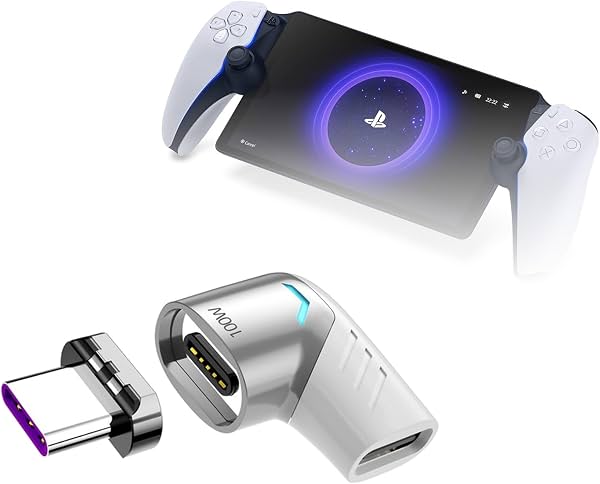 Adaptador BoxWave compatible con PlayStation Portal - Adaptador de ángulo PD MagnetoSnap, conector magnético de carga que protege el dispositivo - Plata metálica