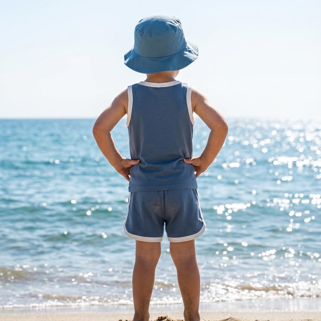 GRNSHTS Toddler Boy Girl 3 Piece Summer Outfit - Sleeveless Tank, Dolphin Shorts & Bucket Hat Set for Beach Playwear