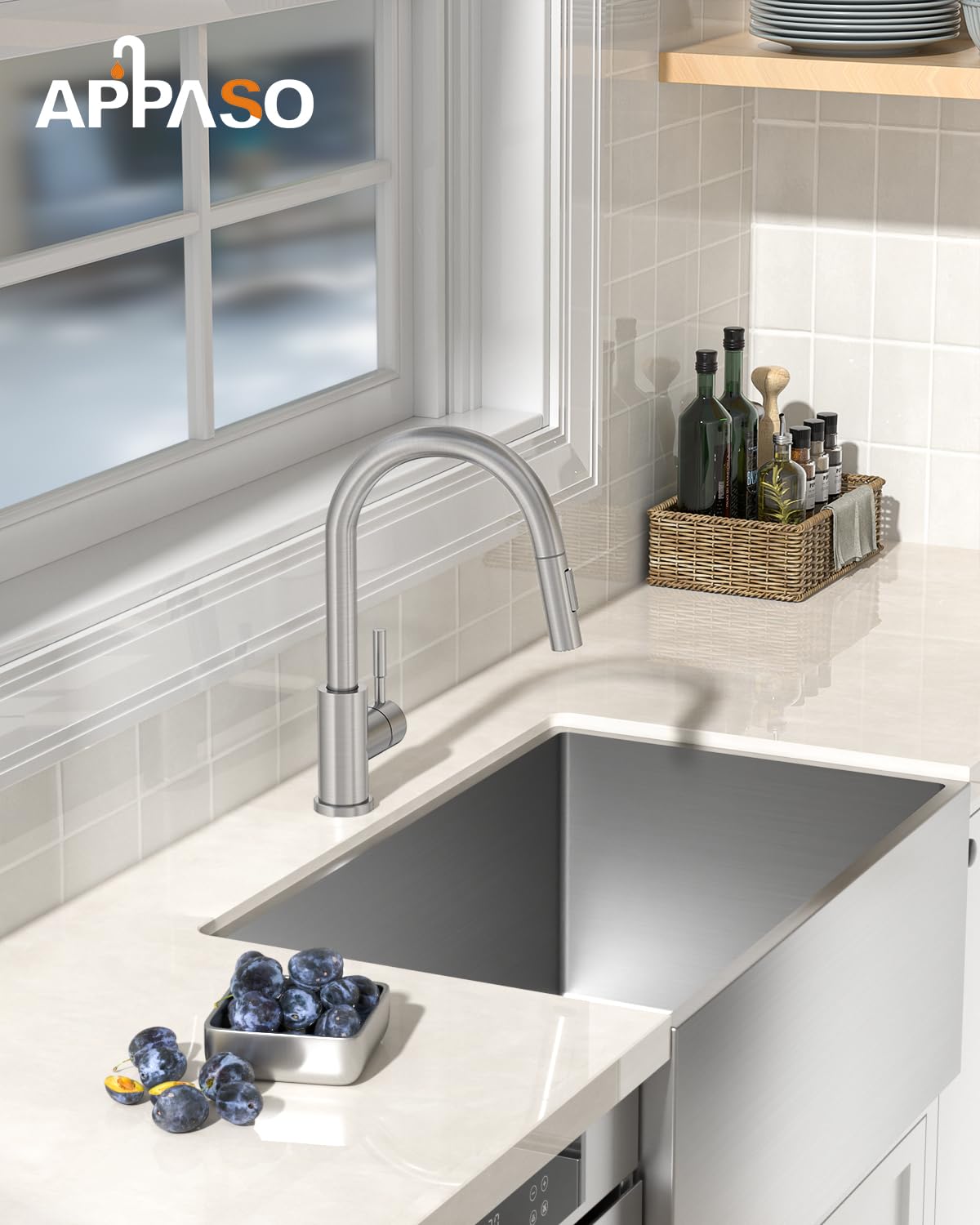 APPASO Niederdruck Armatur Küche, Niederdruck Küchenarmatur Ausziehbar, Wasserhahn Küche 3 Anschlüssen, Spültischarmatur Niederdruck mit 2 Strahlarten für Boiler Gebürstet
