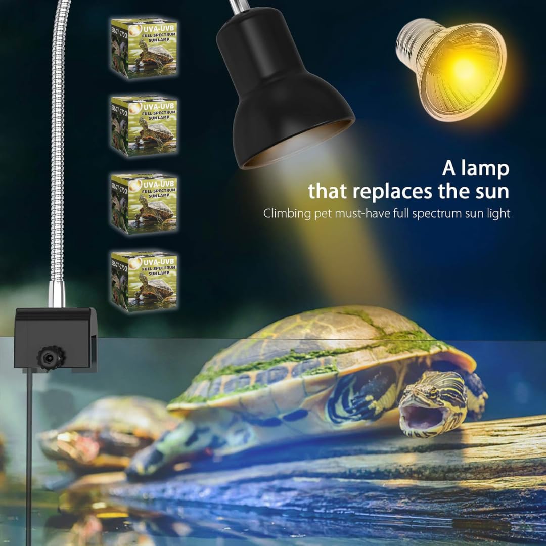 Tonia Kit de 4 Bombillas UVA/UVB + Portalámparas para Reptiles – 2x25W + 2x50W – Luz Solar de Espectro Completo para Terrarios y Acuarios Tortugas, Camaleones – 360º