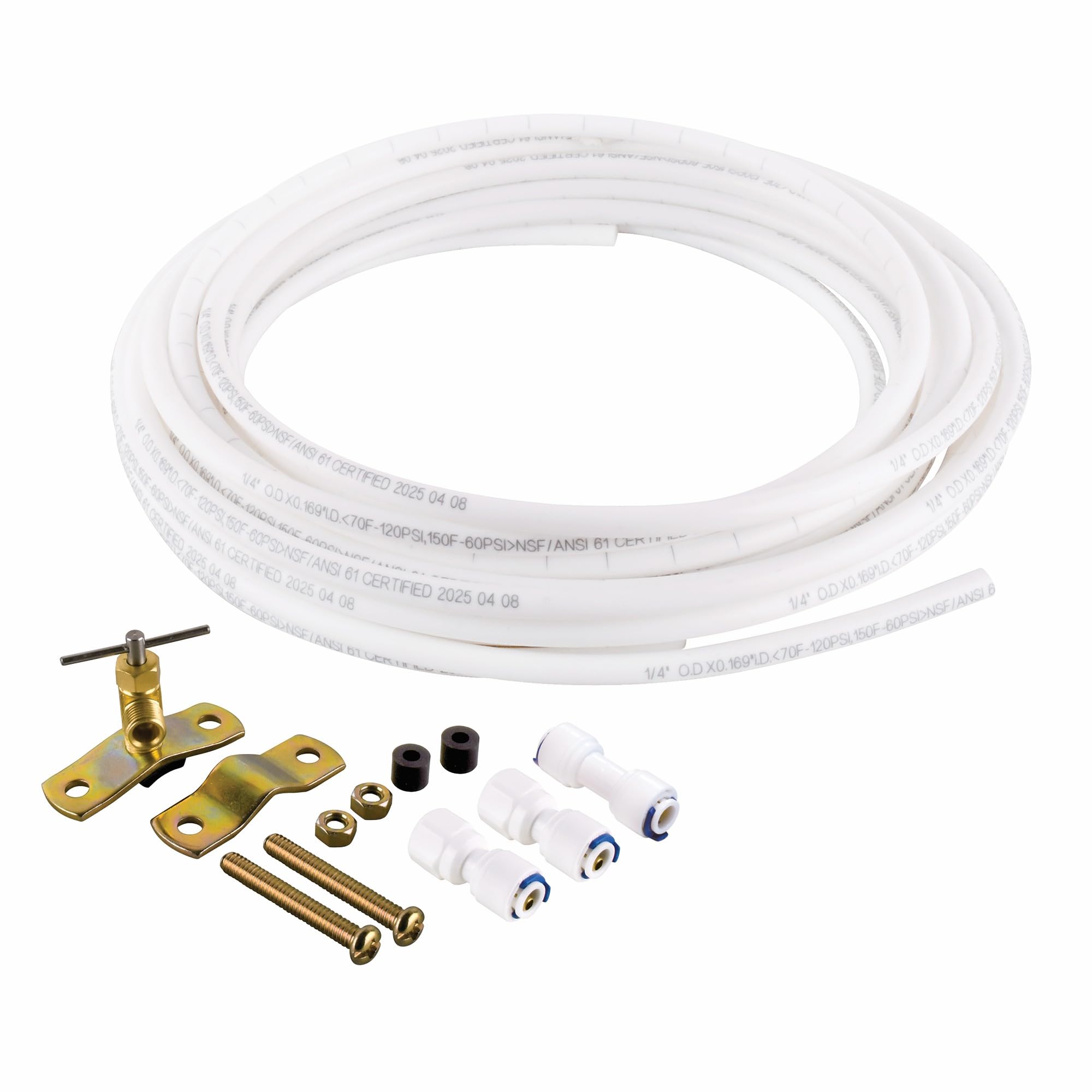 Homewerks 7252-25-14-PTC Ice Maker Supply Line and Humidifier Installation Kit 1/4-Inch x 25ft Push to Connect Poly Tube Universal Compatibility, Brass