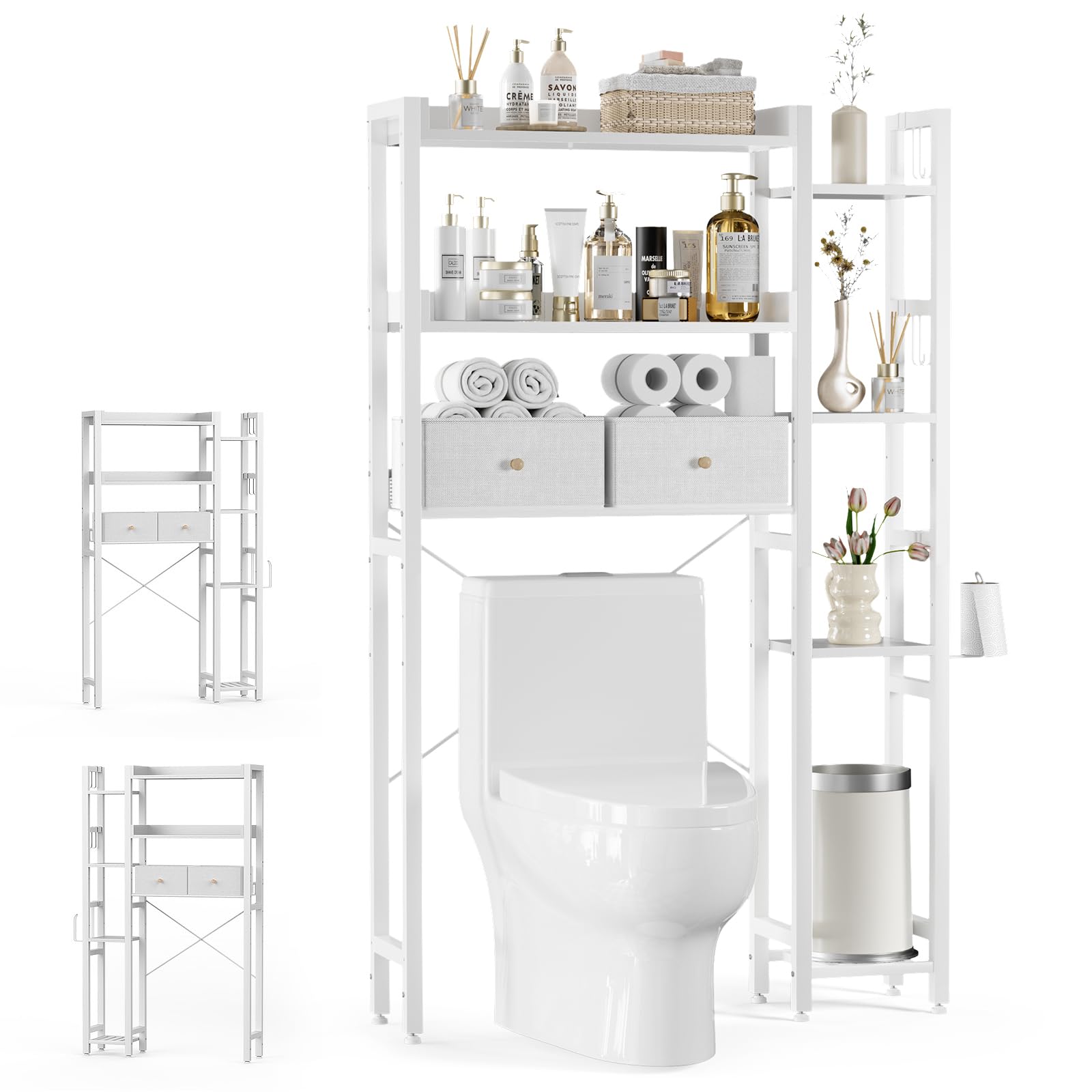 Housolution Over The Toilet Storage with 2 Drawers, 7 Tier Over Toilet Bathroom Organizer with Height Adjustable Shelves and Hooks, Space Saver Above