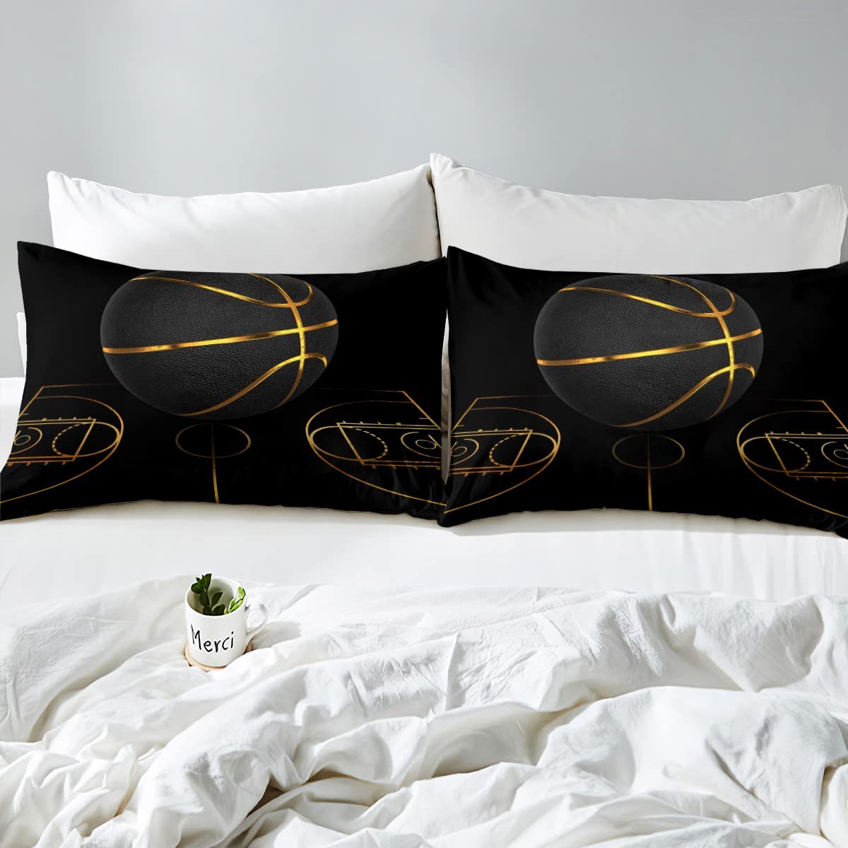 Kids Basketball Bedding Set Sport Basketball Arena Duvet Cover for Boys Girls Bedroom Golden Black Ball Games Decor Comforter Cover Set Luxury Modern Bedspread Cover Double With 2 Pillow Case - Image 4