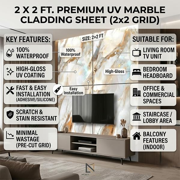 Image of WALLVEAR 2x2 Ft UV Marble Wall Panel Sheet Golden Cloud, Pack of 4