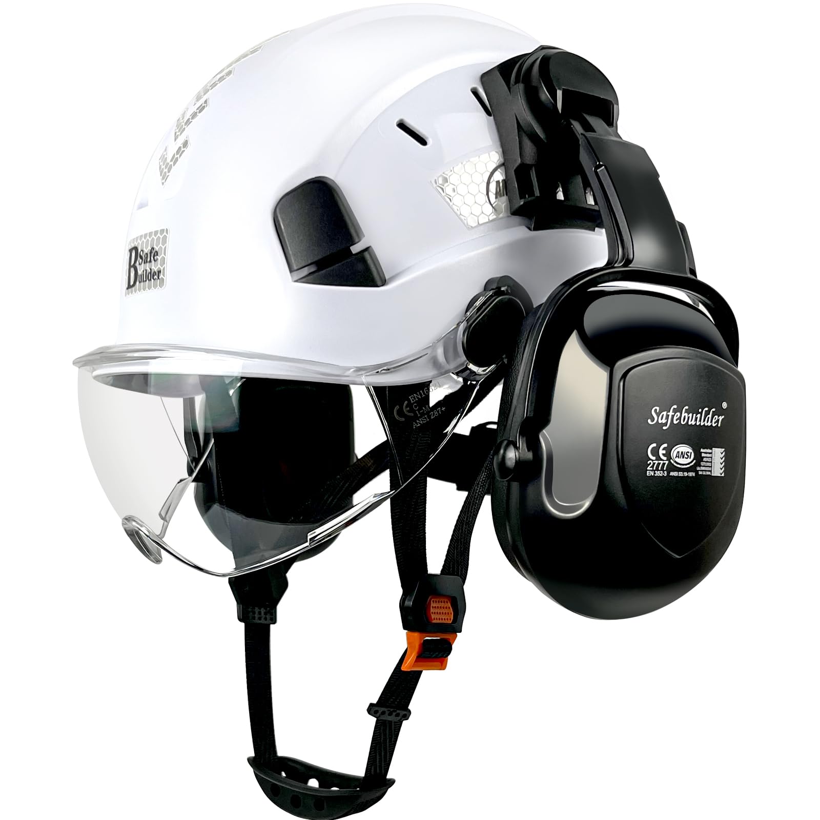 Safety Helmet with Visor Ear Muffs Work at Hight Carbon Fiber Abs Hard Hats for Industrial Construction Head Protection ANSI Z89.1 Approved (White+Clear Visor+B07Ear Muffs)