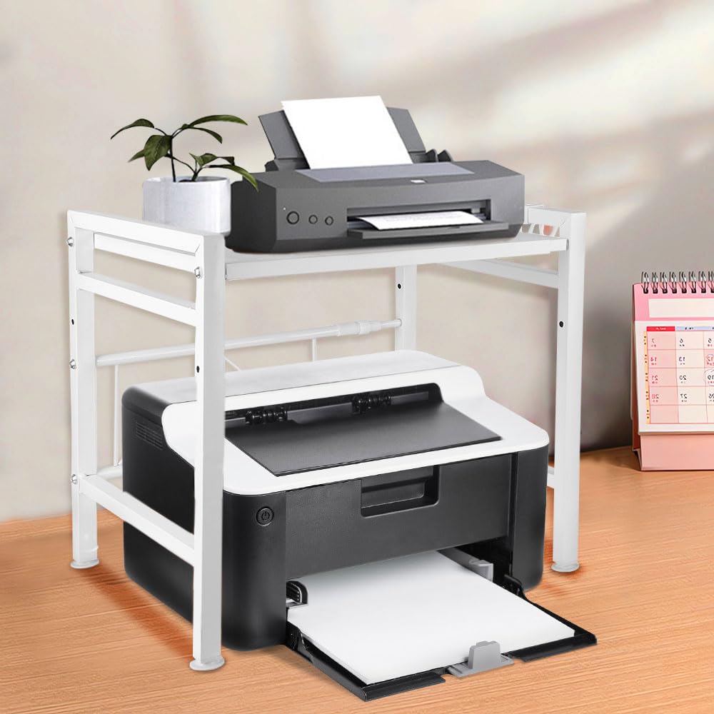 OHMG Mensola da ufficio, altezza regolabile, ripiano da scrivania da appoggio, ripiano portaoggetti in ferro, supporto per display multiuso, supporto per stampante(bianco (40/64 x 36,5 x 45 cm)