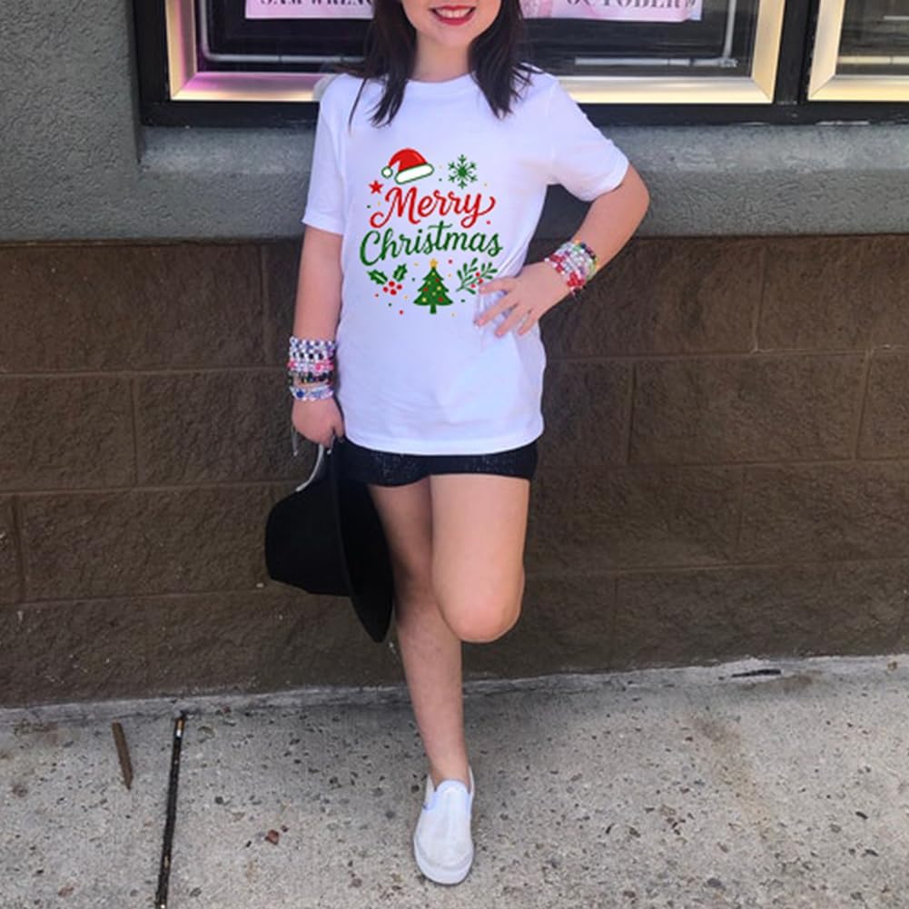 Kids Christmas Shirt, Boys Girls Short Sleeve Crewneck Graphic Merry Xmas T Shirts, Holiday Outfit Top for Child 4-13