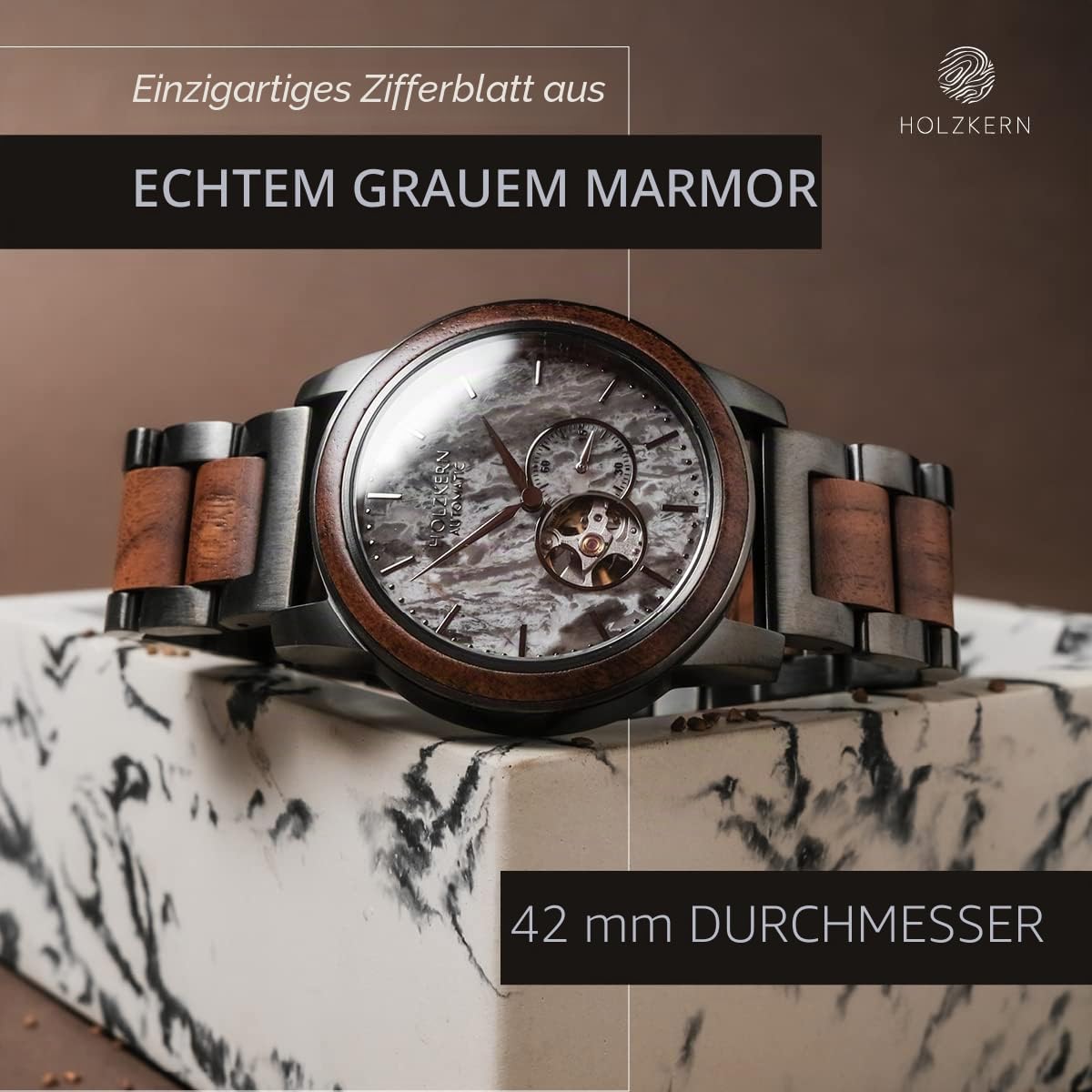 HOLZKERN Herrenarmbanduhr Automatik Chicago Walnuss/Marmor 9120078331828