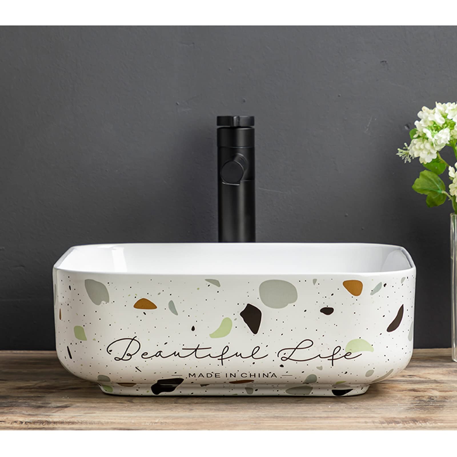 Umywalka łazienkowa Kwadratowy zlew 15,1 "X .1" Nowoczesna porcelana nad blatem Biała łazienka Ceramiczna umywalka z czarnym kranem i odpływem pop-up (bez przelewowego otworu) Blat