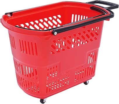 6PCS Trolley Rolling Shopping Baskets Plastic with Handles Shopping Carts with Wheels and Handle, Red Shopping Basket Plastic Rolling Shopping Basket 35L Red