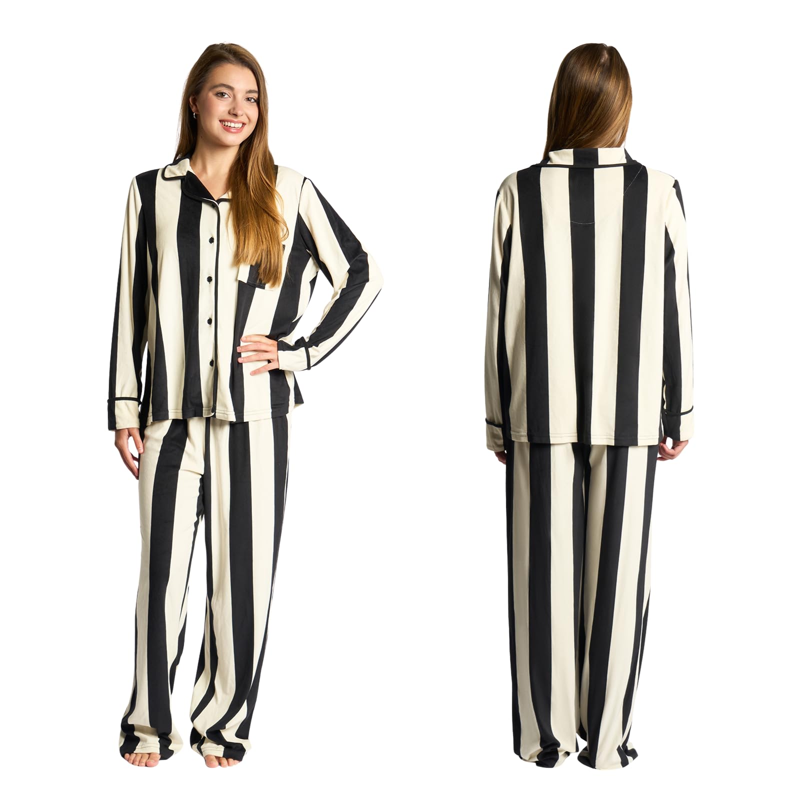 OHS Womens Candy Stripe Pyjama Set - Fleece Loungewear - Long Sleeve Button Through - L/XL - White