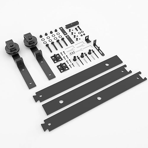 Miniatura 8 de Kit de herrajes para puertas corredizas de granero de 36 pulgadas para 2 puertas, rodillo de montaje lateral resistente para un funcionamiento