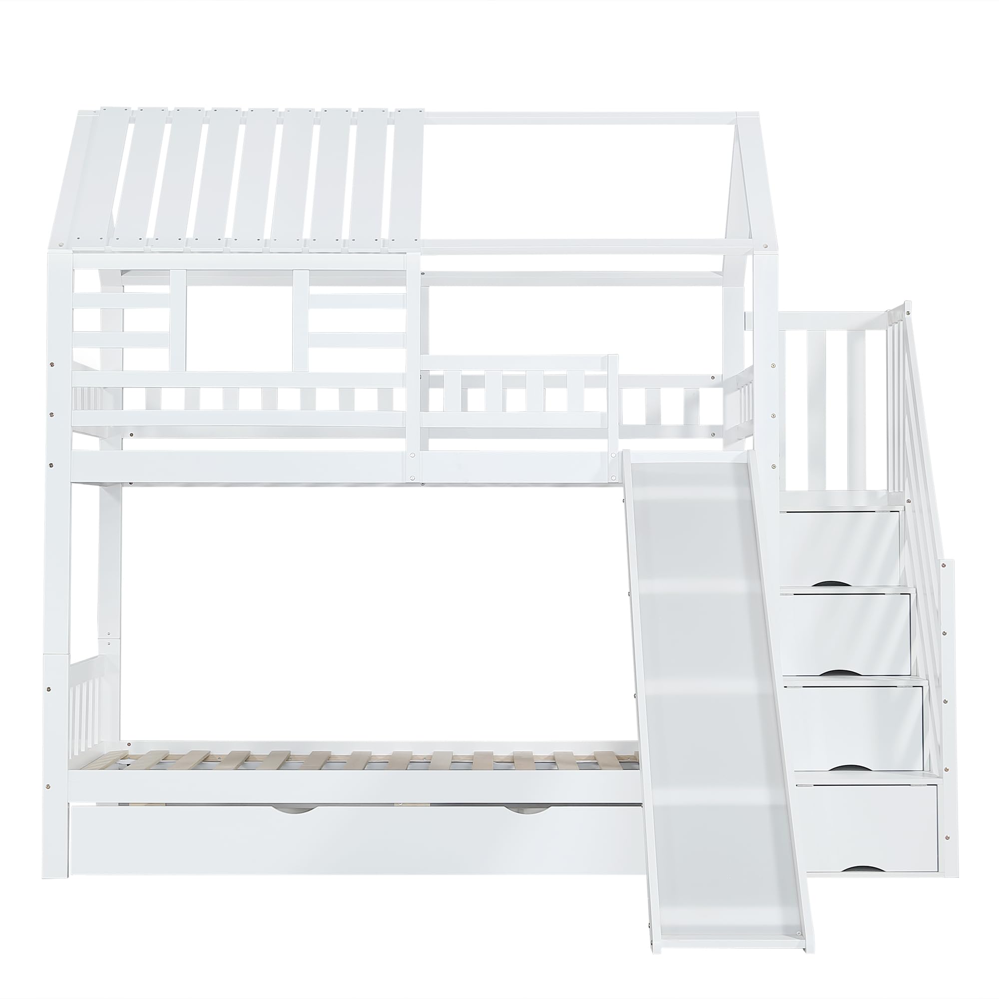 Letto a castello con scala e scivolo, letto a casa, scala con vano portaoggetti, telaio in legno di pino e MDF, letto per bambini con finestra e tetto, con griglia anticaduta e cassetto