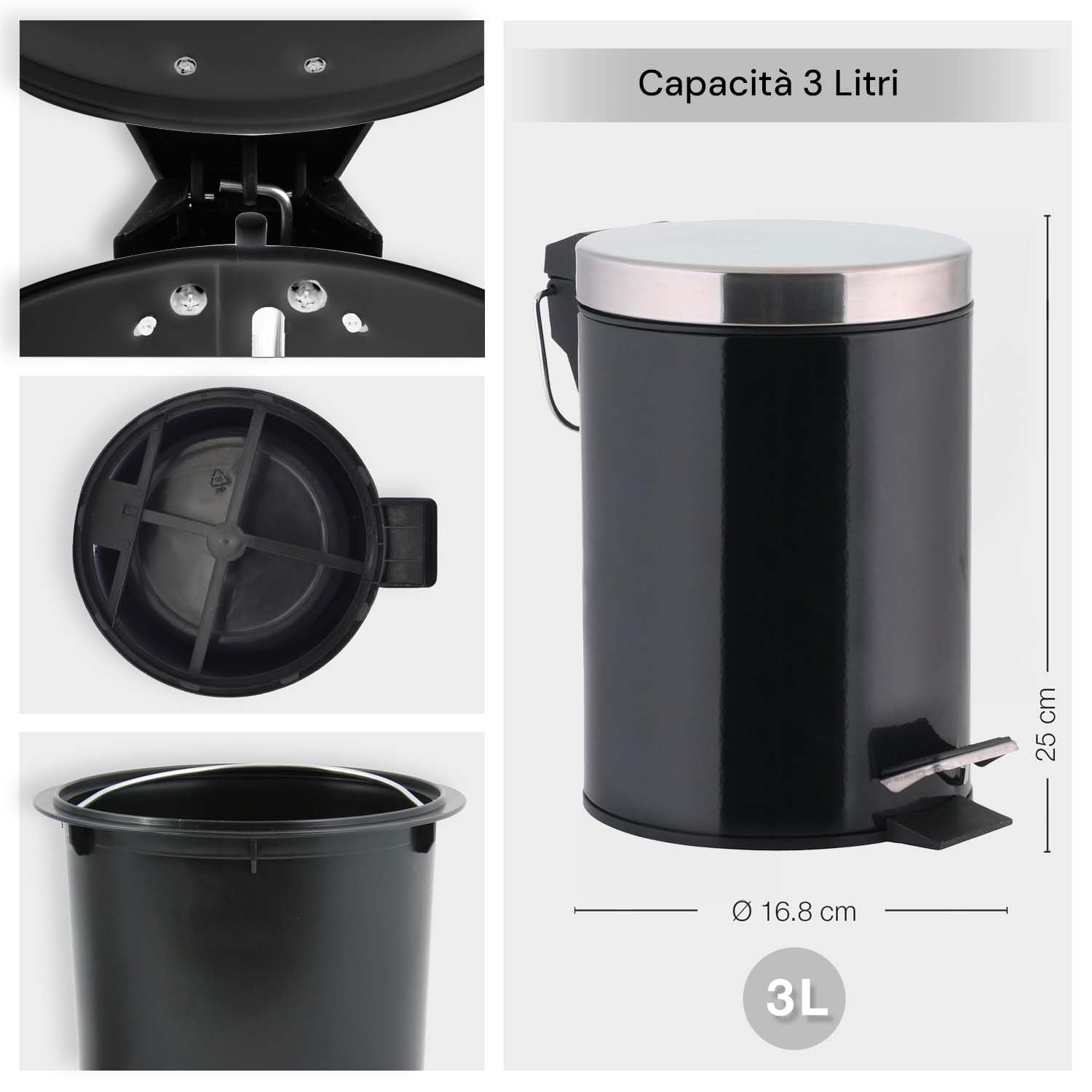 Avilia Cestino per Spazzatura a Pedale - Pattumiera con Inserto Rimovibile, Antiodore, Ideale per Bagno, Cucina o Ufficio, in Acciaio Inox Nero, 3L, Ø 17x25cm