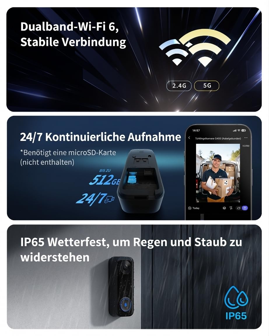 Aqara Türklingel-Kamera G400 mit Chime, Kabelgebunden/PoE, HomeKit Secure Video, 2K HD Panoramaansicht, Zwei-Wege-Audio, 2,4/5 GHz, Lokale Erkennung & 24/7-Aufzeichnung, IP65, Alexa/Google/SmartThings