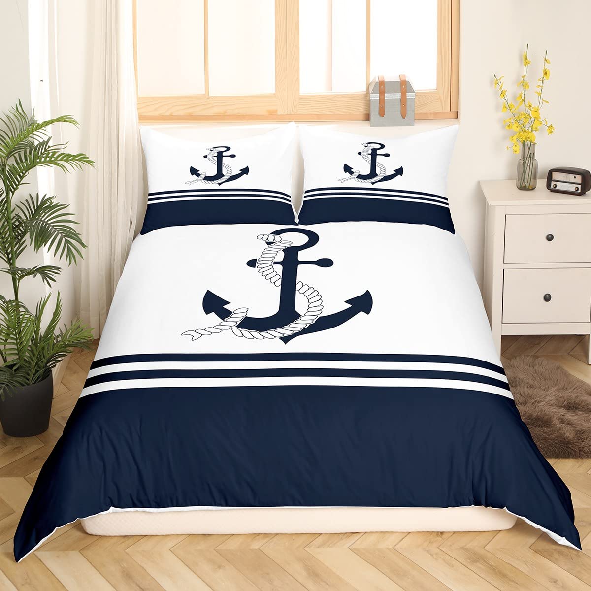 Ancla Décor - Juego de cama de 200 x 200 cm, diseño náutico, juego de funda nórdica La Mer Côtera, funda de edredón transpirable, mar aventura, azul y blanco