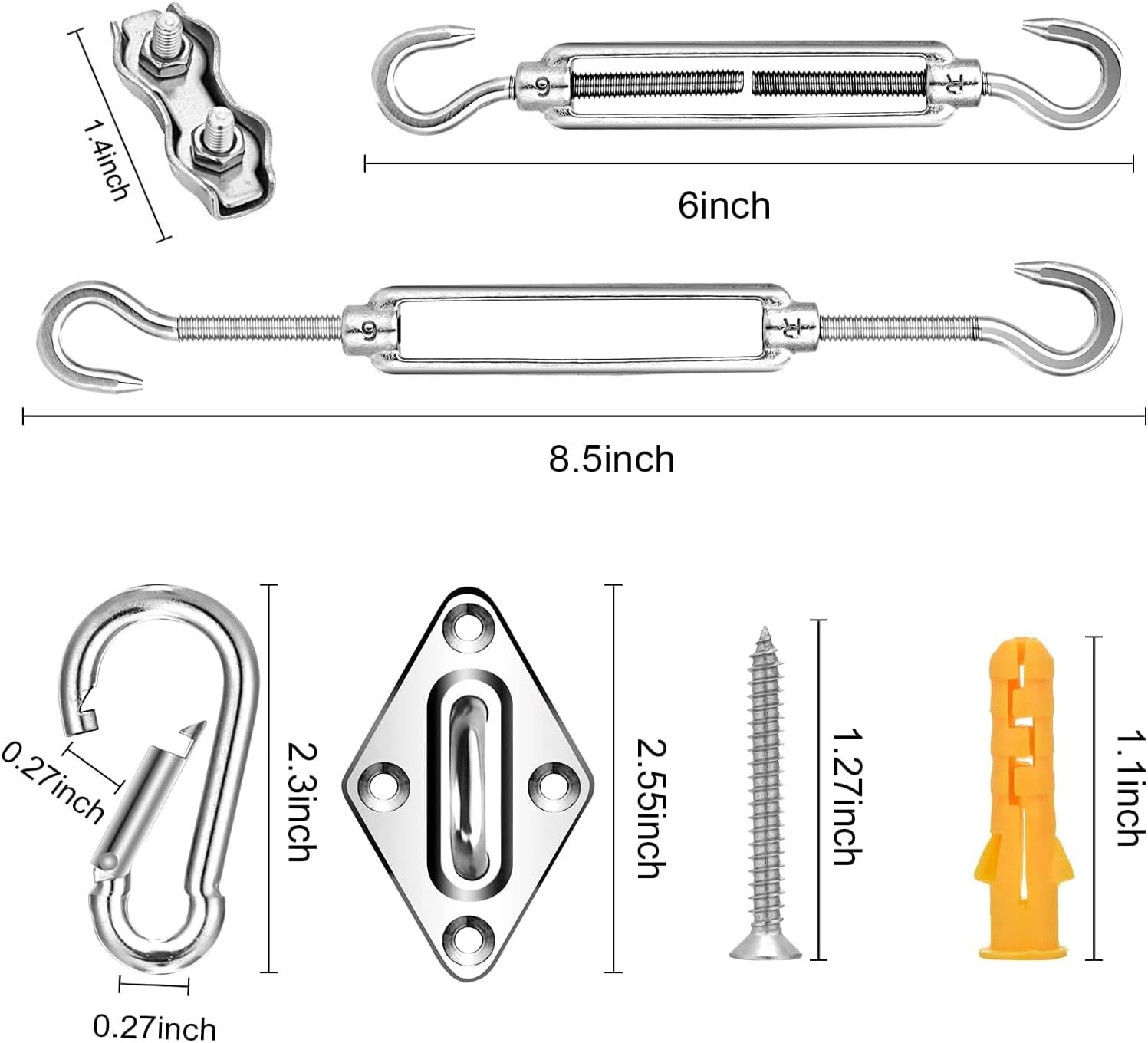 Sun Shade Sail Hardware Kit 6 inch with 4pcs 4 * 12ft Cable Wire Rope 304 Stainless Steel for Patio, Garden Triangle Rectangle and Square Sun Shade Sails Installation 59 pcs
