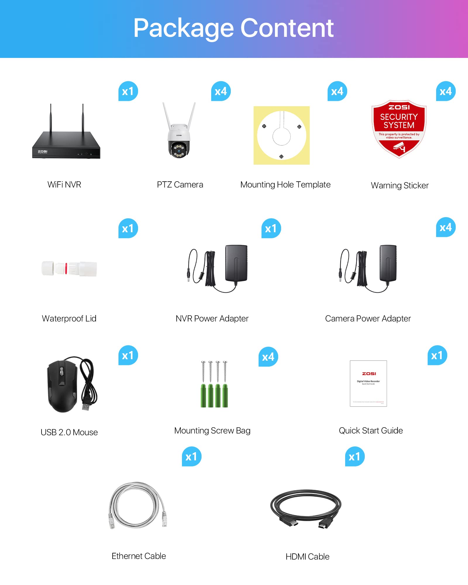 ZOSI 3MP Kit Videosorveglianza WiFi Esterno, 4X 3MP Telecamere PTZ, con 8CH NVR, 355° Pan/140° Tilt, Audio Bidirezionale, Visione Notturna a Colori, Rilevamento del Movimento, C289