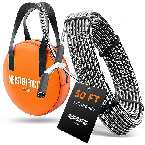 Meisterfaktur drain snake 3.0 [50 FT] - extremely long - Ideal plumbing snake for heavy & deep blockages - The drain auger for real do-it-yourselfers! (50 FT - 1/2 inch)