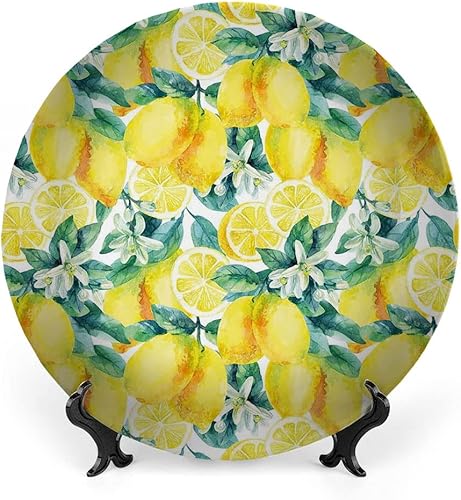 Platos decorativos, adorno de impresión moderna, acuarela de ramas cítricas de limón, 6 pulgadas, decoración de pared de cocina, verde bosque