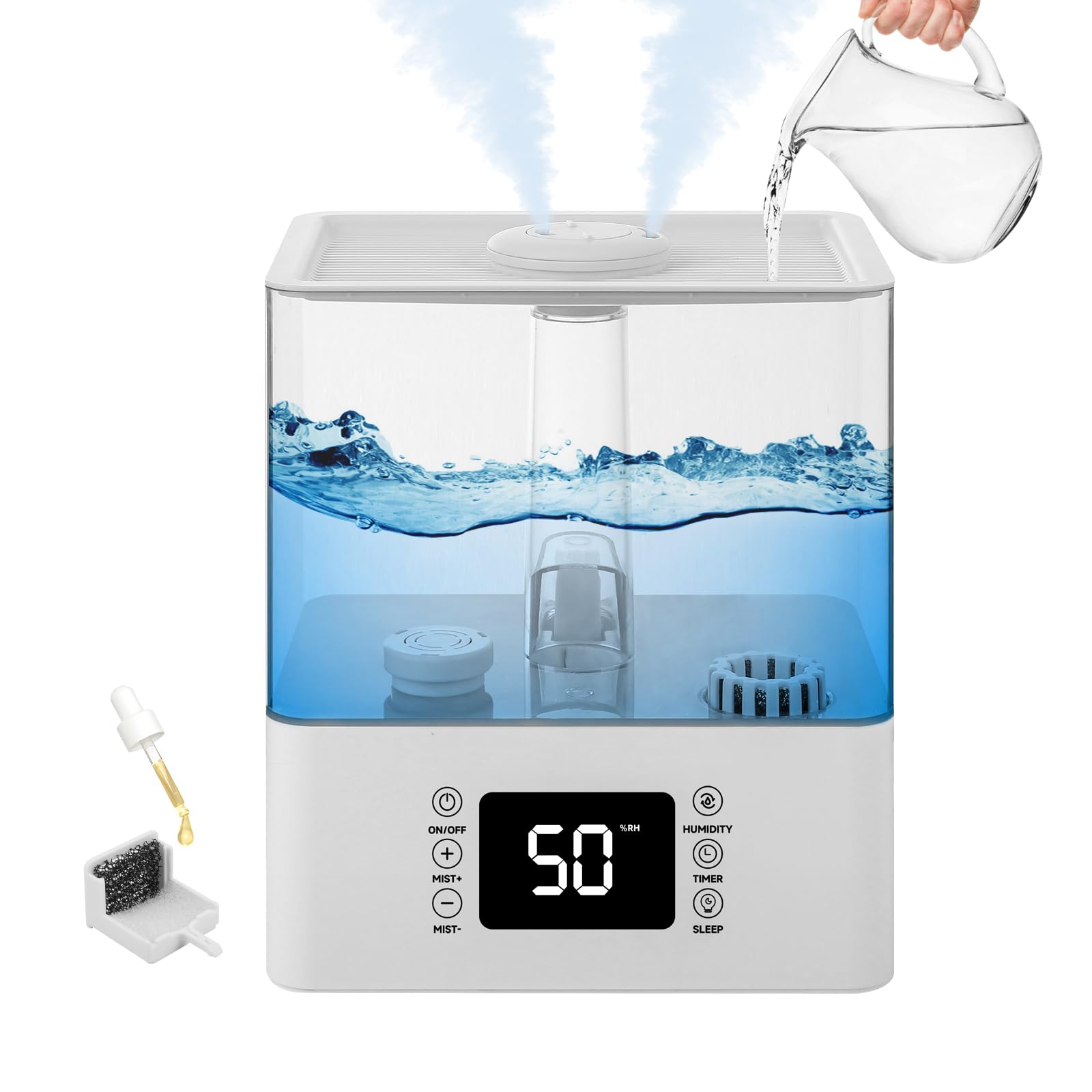 6L Humidifiers for Bedroom, Ultrasonic Cool Mist Humidifiers for Home Baby Nursery & Plants, Mist Top Fill Desk Humidifiers Essential Oil Diffuser with Adjustable Mist,360°Nozzle?Auto Shut-Off-White