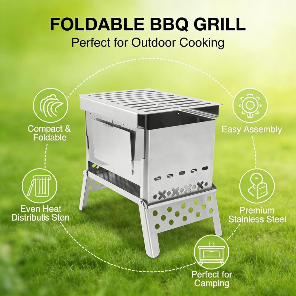 Foldable Flip BBQ Grill Stainless Steel Portable Detachable Charcoal Cooking Stove, Small Size, Lightweight - Easy Setup, Proof, Ideal for Outdoor Camping and Picnic