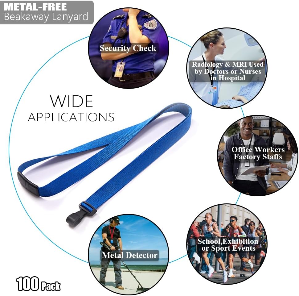 100 Pack Bulk Polyester Breakaway Lanyards with Plastic No Twist Clip & Safety Breakaway Clasp-Great for Radiology-School Hospital-MRI Safe-Neck Strap I.D. Badge Holders 36”(Blue)