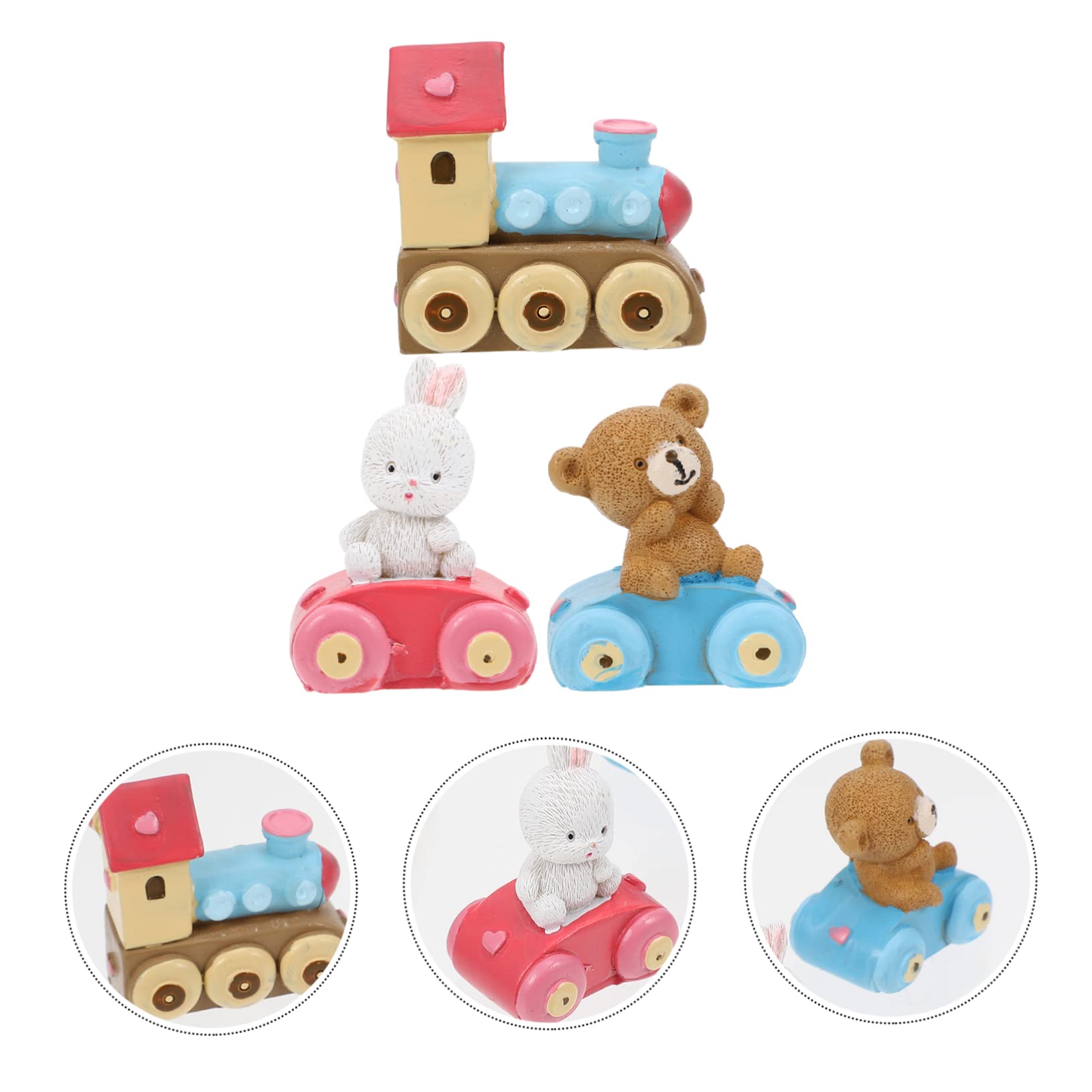 STOBAZA 3pièces Figurine De Décoration De Gâteau Résine Avec Ours Lapin Et Train Ornement De Bureau Mignon Pour Anniversaire Et